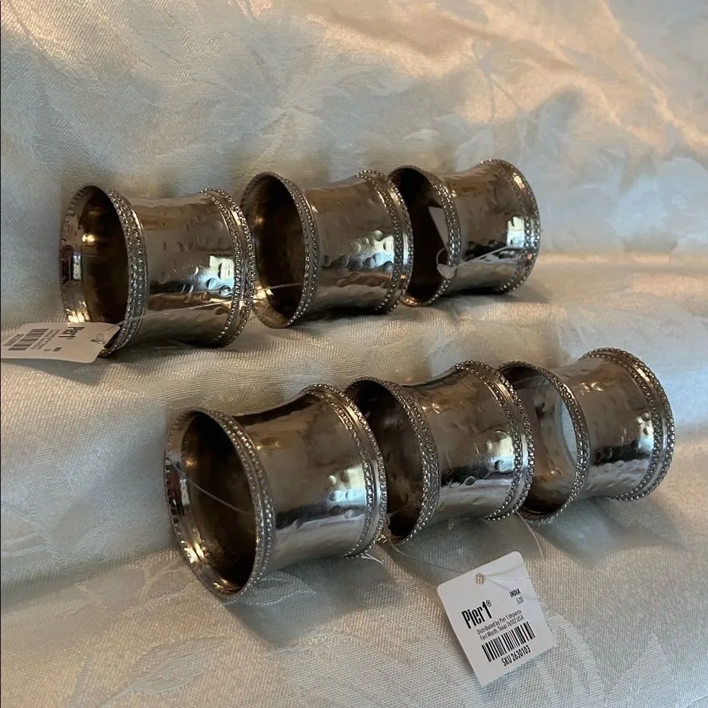 Pier 1 Hammered Silver Napkin Rings six piece Set NWT